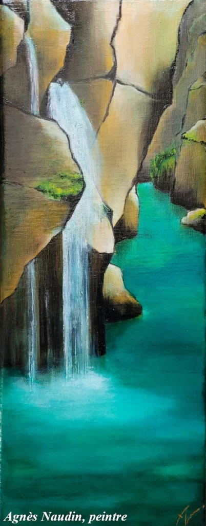 Agnès NAUDIN — Peintre — Cascade au Kenya — Huile sur toile — 20 x 50 — décembre 2021